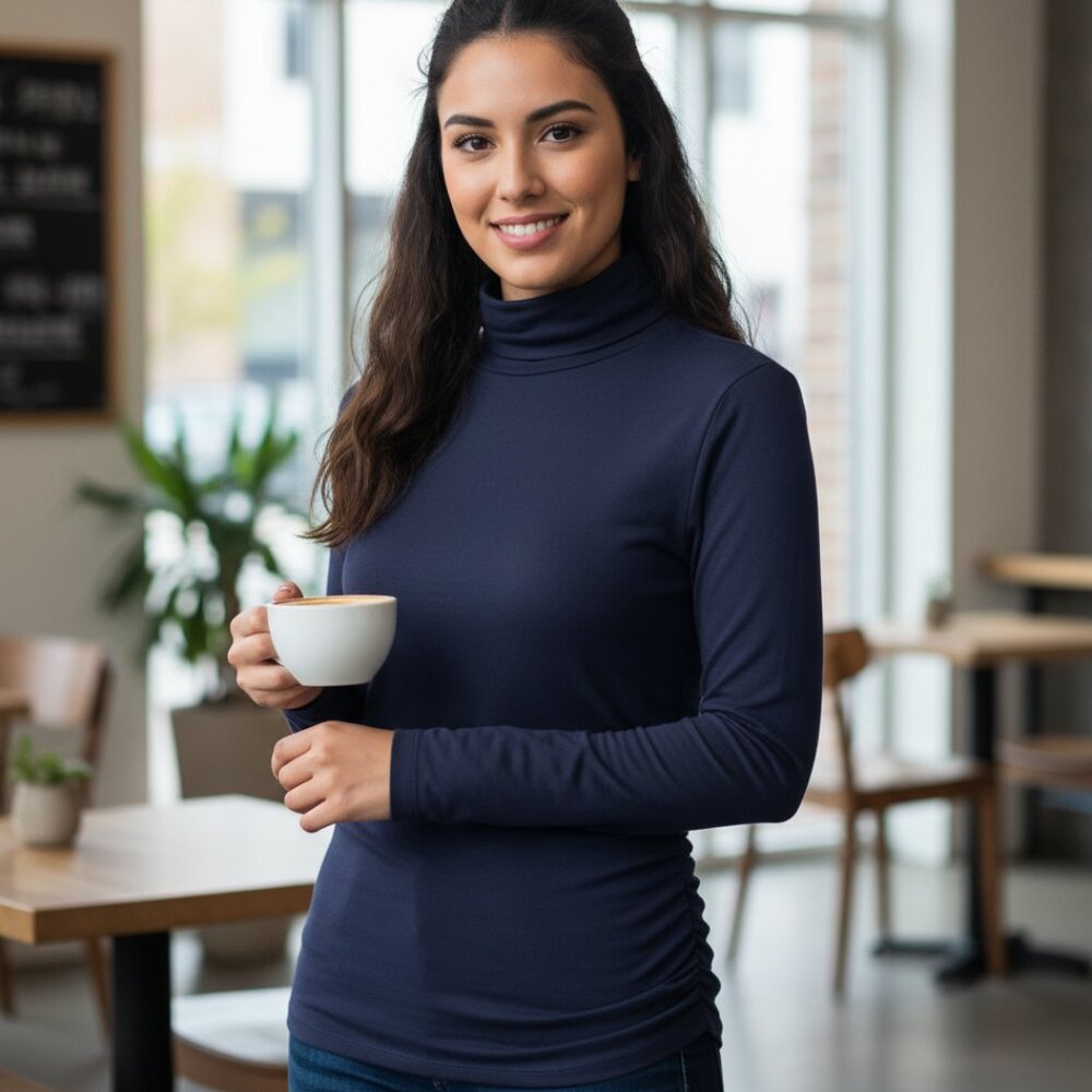 Coldwater Creek XS Turtleneck Top Blue Ruched Minimalist Casual Preppy Academia